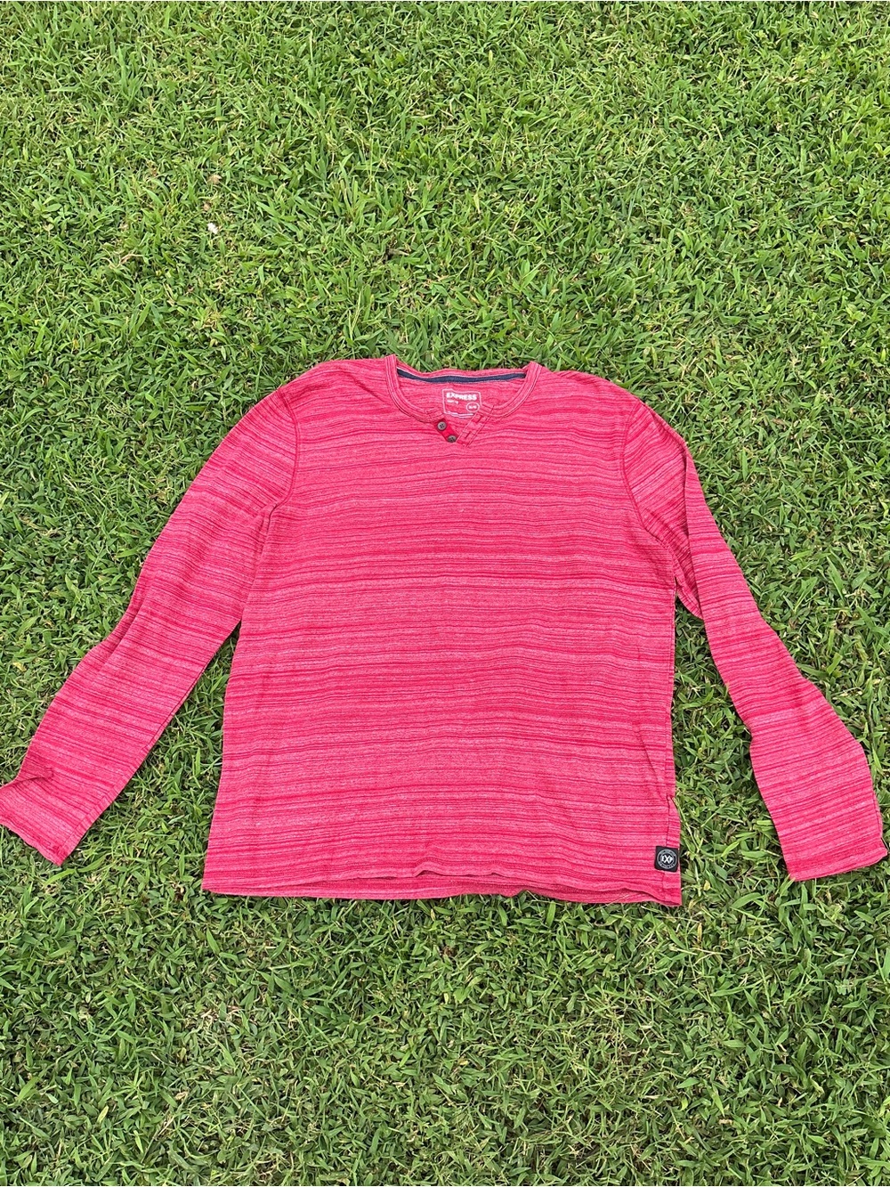 Express Long Sleeve Heathered Raspberry Striped Henley - Picture 2 of 7